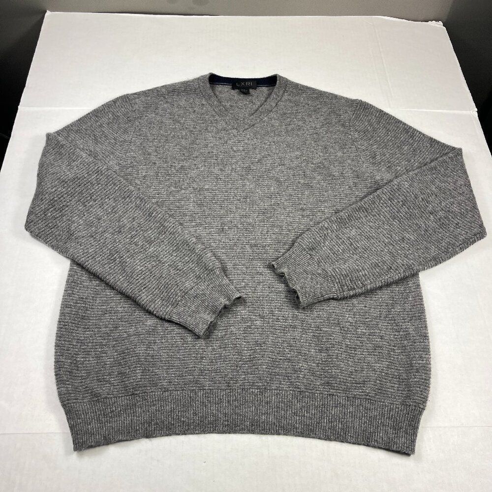 LXRI Mens Cashmere V Neck Sweater XL Gray Classic Luxury Soft Knit Work Pullover